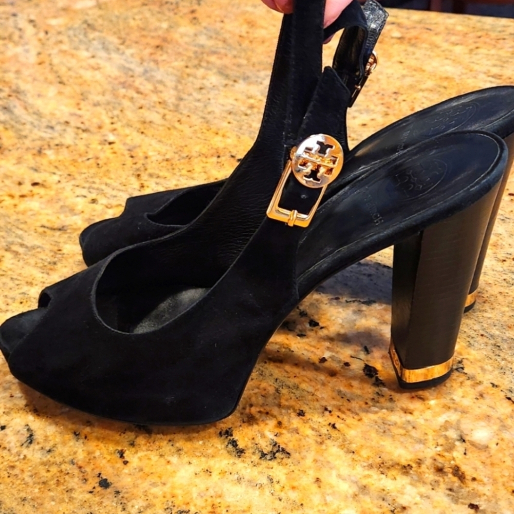 Tory Burch Black Heels with Gold Accents
